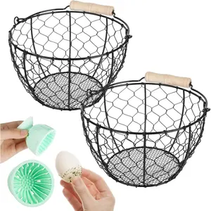 2 count Egg Basket With Handle,Wire Egg Basket for Gathering  Eggs, Round Egg Collecting Basket for Farm, Style Chicken and Duck Eggs Basket Egg Countertop Storage Container Holder