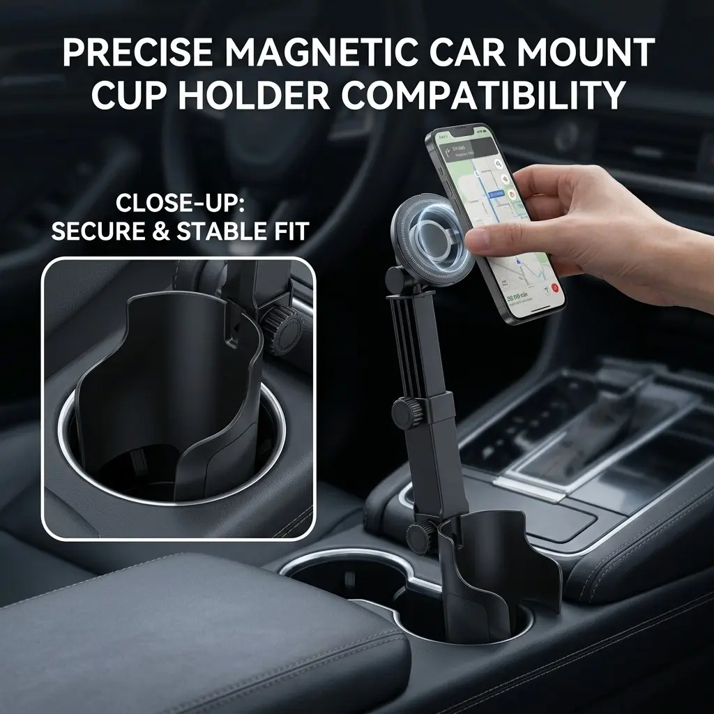 Adjustable Magnetic Cup Holder Phone Mount – MagSafe Compatible, Expandable Base, Long Arm Telescopic Car Holder, Includes Metal Ring for iPhone & Android, Car Phone Holders