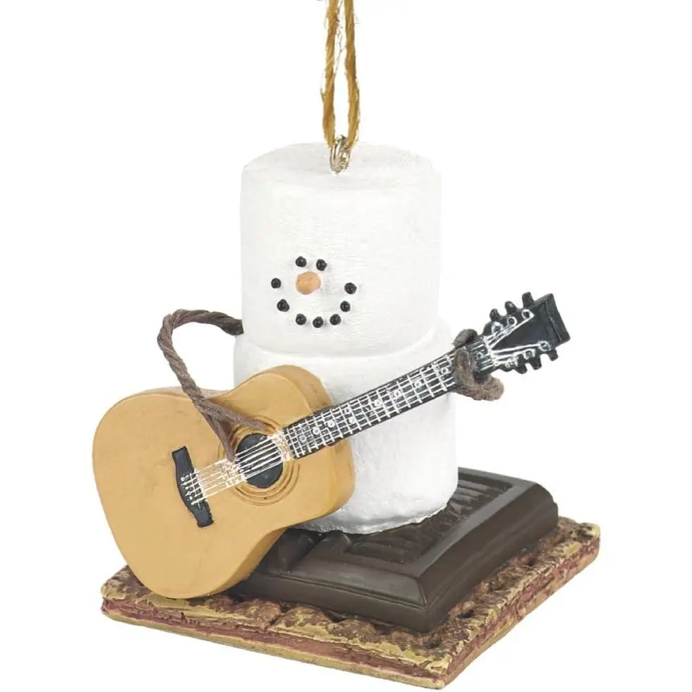 Snowman Ornament - Marshmallow Snow Man Playing Guitar  S'mores  and Graham Cracker - Holiday Christmas Tree Decor