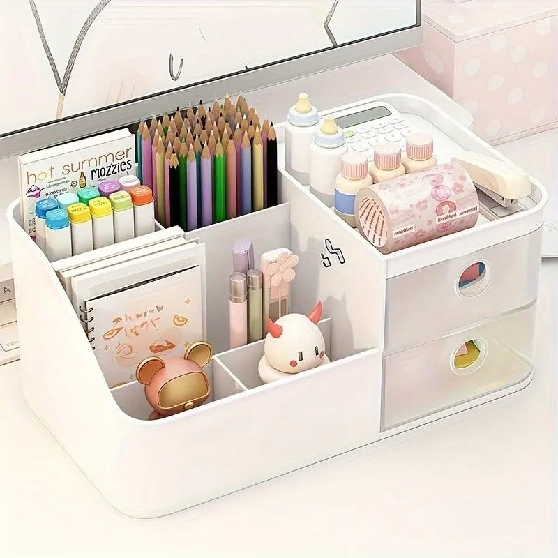 6 Compartment Desk Pen Organizer with 2 Drawers for Office and Study Supplies