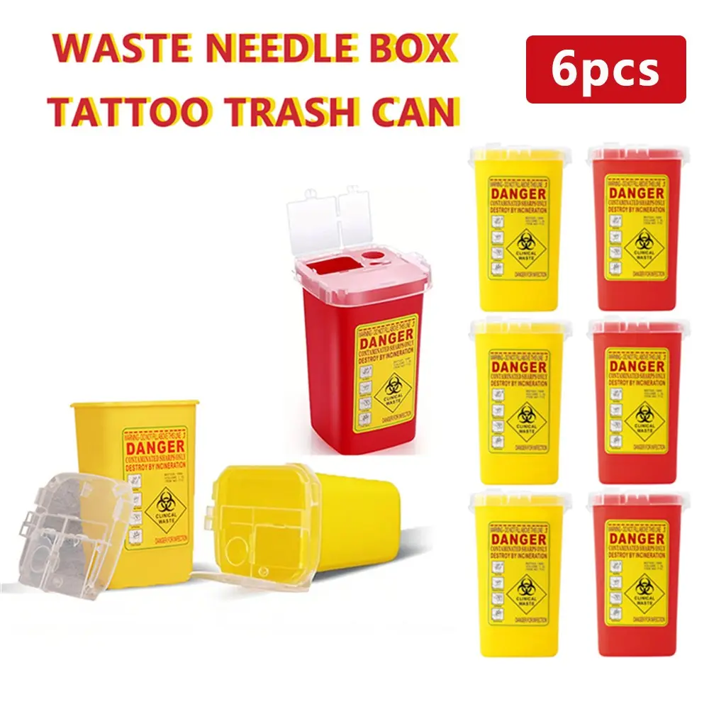 6pcs Sharps Container 6×4×3" — Small Biohazard Waste Bin with Flip Lid，Mini trash bin, Perfect for Tattoo Studios, Barbers, Home & Travel Use, Red + Yellow