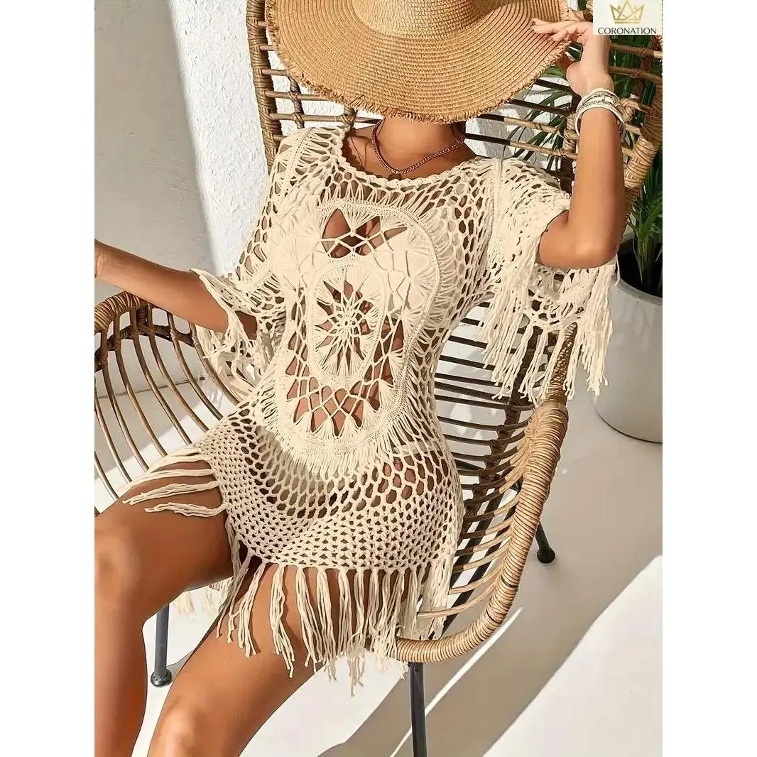 Women’s Boho Crochet Beach Skirt Cover Up, Hand-Crocheted Floral Hollow-Out Knit Skirt with Tassel Detail, Lightweight Breathable Summer Swimwear Cover Up for Vacation, Poolside, Resort Wear & Beach Outfits