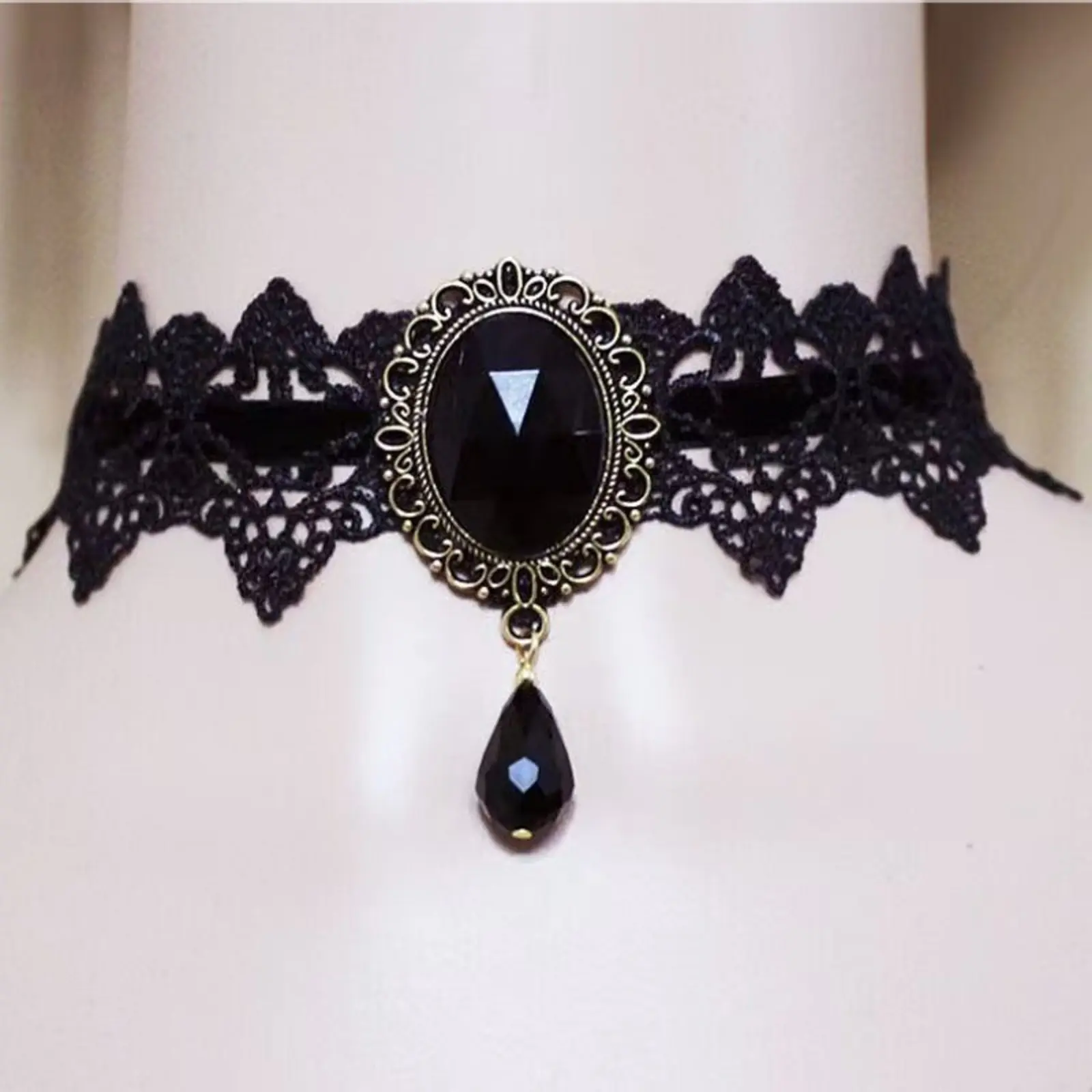 Women Lace Choker Necklaces Universal Gothic Neck Jewelry, Viral Victorian Black Gem Teardrop Drop Lace Collar, Underrated Dark Vintage Lolita Antique Bronze Neckwear, Oval Black Rhinestone Ornate Frame Adjustable Lace Choker, Soft Breathable Lace Skin-Fr