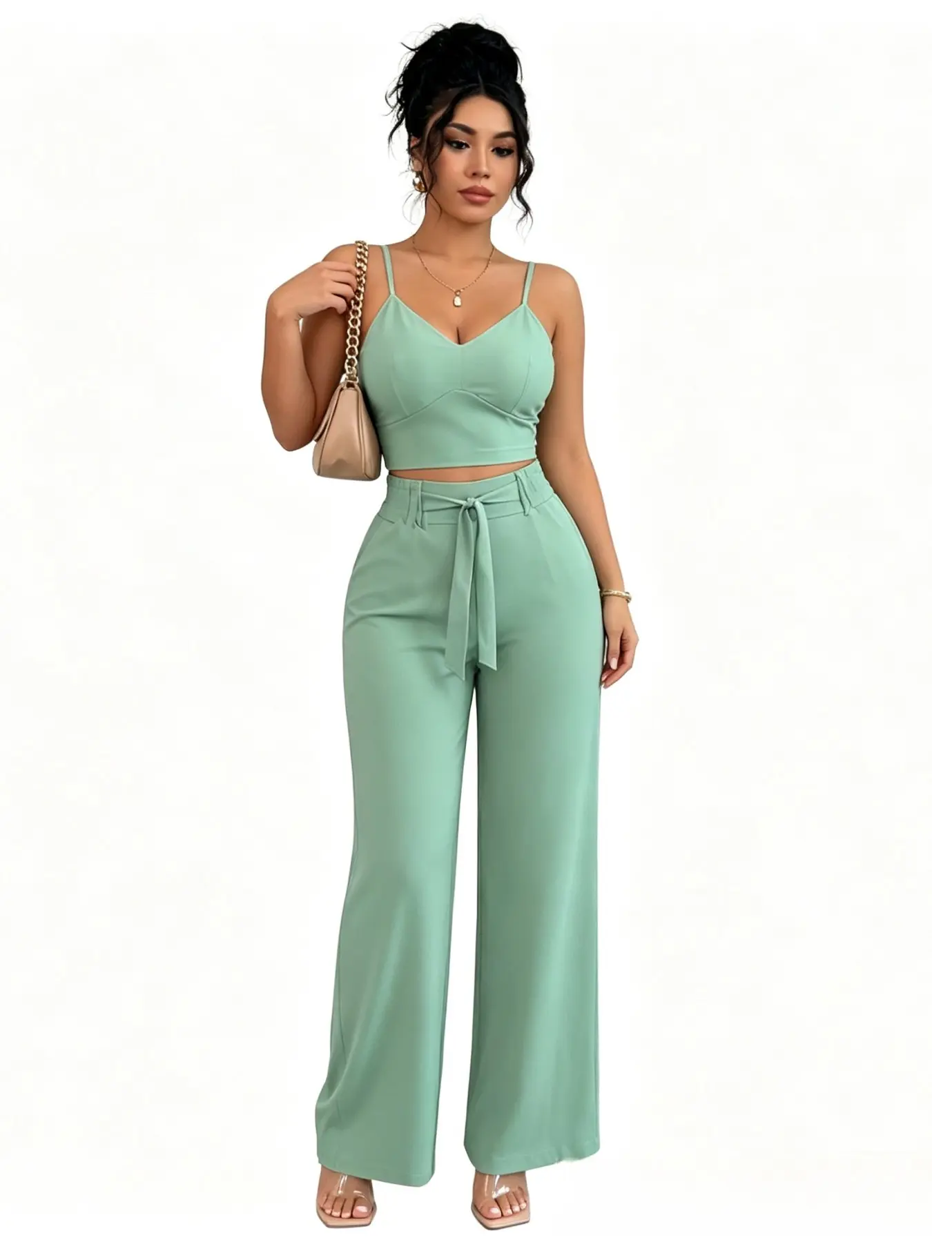 Women's 2-Piece Set Elastic Strap Tank Top (Crop Top) & Wide Leg Pants (front Tie), Casual Vacation, Comfortable and Stylish