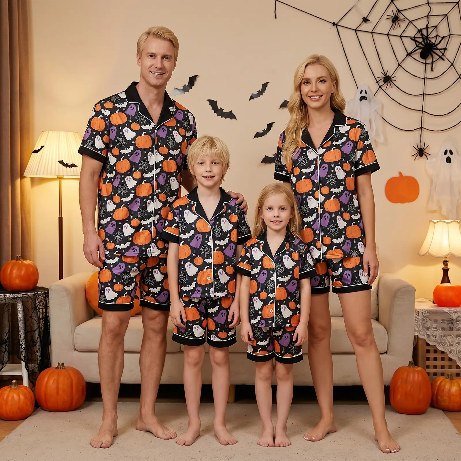 FOCUSNORM Family Matching Halloween Pajamas Set Short Sleeve Shirt And Shorts Ghost Pumpkin Bat Print Black Trim Sleepwear