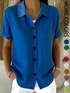 Women's Linen Blend Short Sleeve Button Shirt, Casual Top for Work, Vacation, Daily Wear, Comfortable and Stylish Clothing
