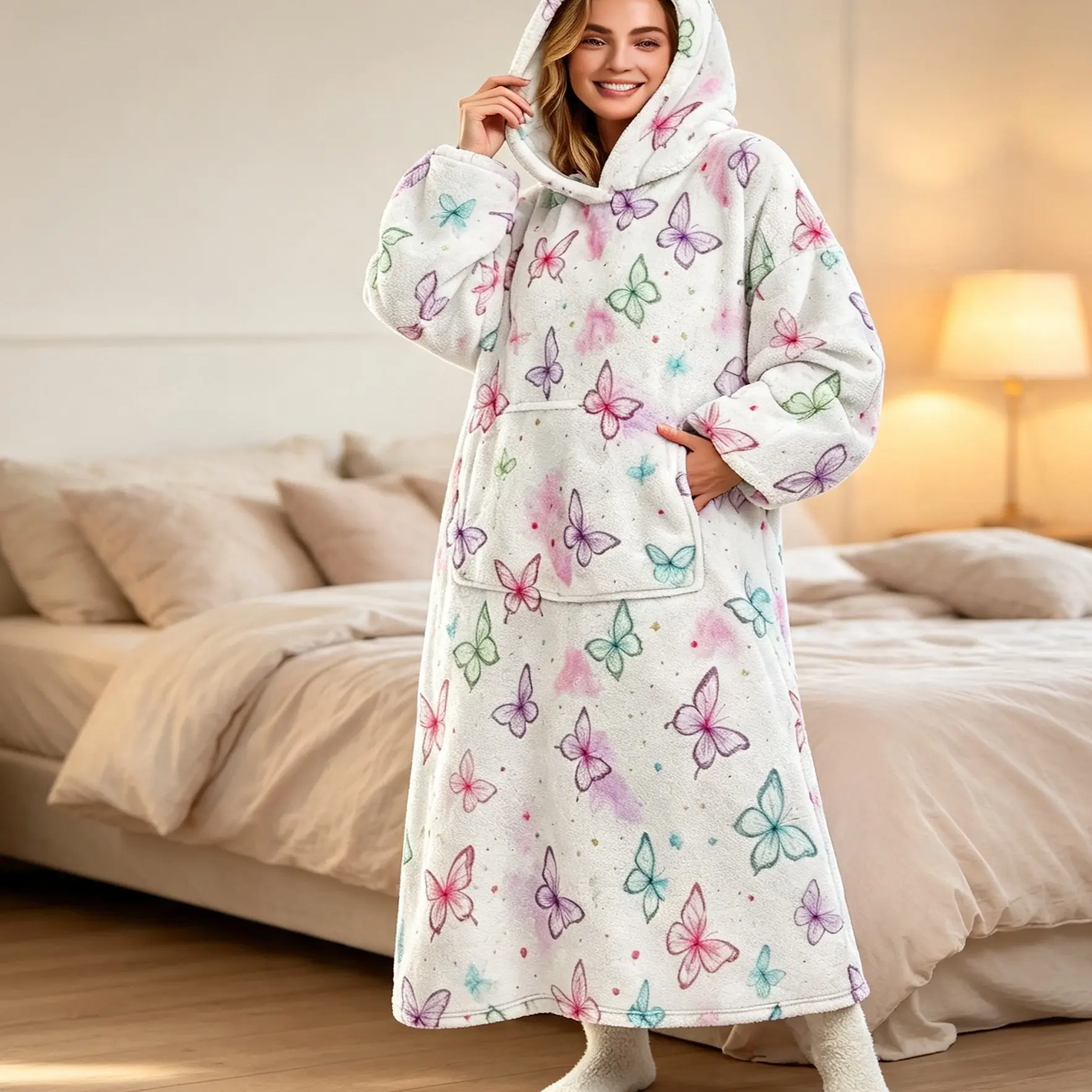 Adult Wearable Hooded Blanket, Loose Watercolor Butterfly Print, Soft Flannel, Warm and Comfortable, Holiday Gift for Women, Men, Teens