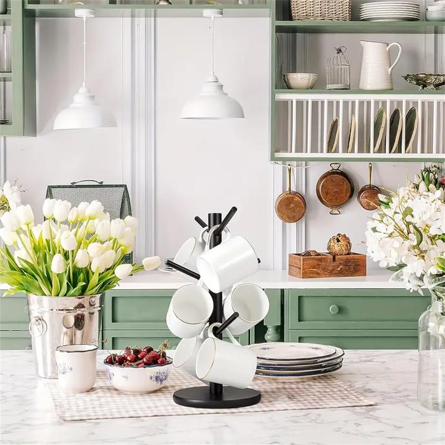 Mug Tree, 1 Count Coffee Cup Holder with 6 Hooks, Wood Coffee Mug Holder for Counter, Coffee Organizer Station Essentials, Coffee Bar Storage, Bamboo Wood Stand