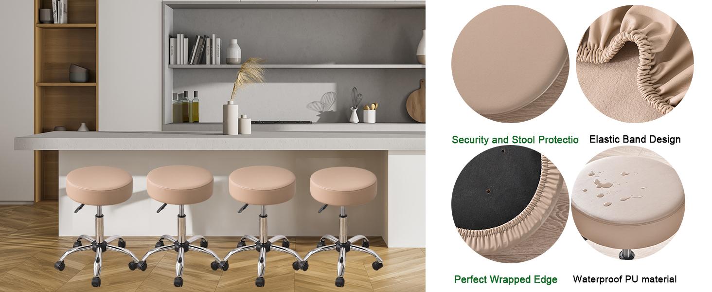 GOSTADY   Bar Stool Covers Round Set of 4, Waterproof PU Seat Covers With Elastic Bands, Chair Covers Washable Cushion Slipcover for 12-15 Inch - Khaki-Nude