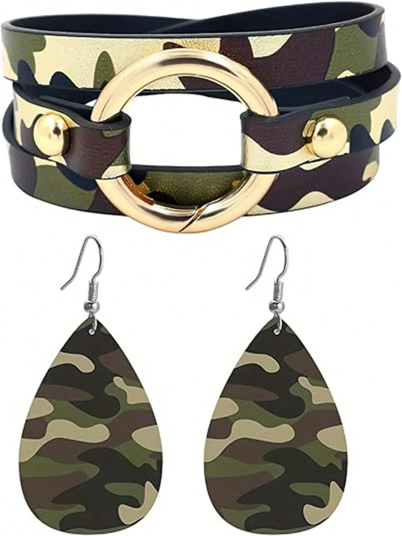 Camouflage Bracelet Earrings Set, Trendy Jewelry Set, Unisex Camo Costume Jewelry Set, PU Leather Wrap, Lightweight Fashion Accessory Gift, No Gems