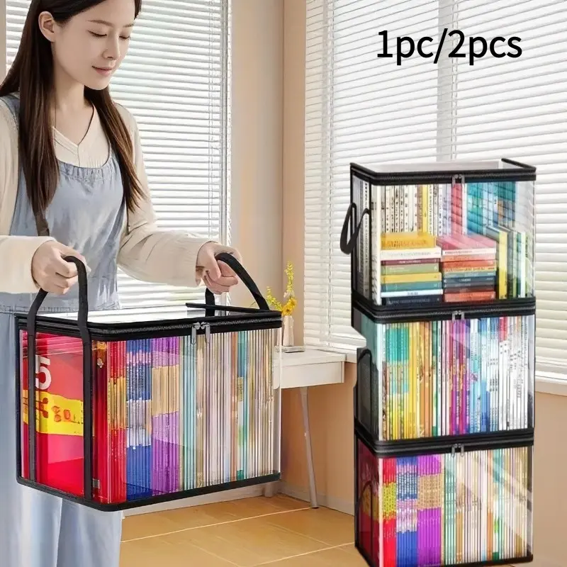 Dustproof Clear Storage Bin with Zipper Lid & Carry Handles, Foldable Transparent Storage Organizer, Multi-use Container for Books Clothes Bedding Closet Under Bed Storage