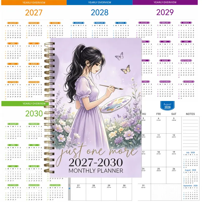 2027-2030 monthly planner, A5 size, 124 pages of high-quality paper, gradient inner pages, lavender purple watercolor artist girl with palette, wildflowers and butterflies floral cover, monthly scheduler for daily planning, four-year spiral-bound notebook