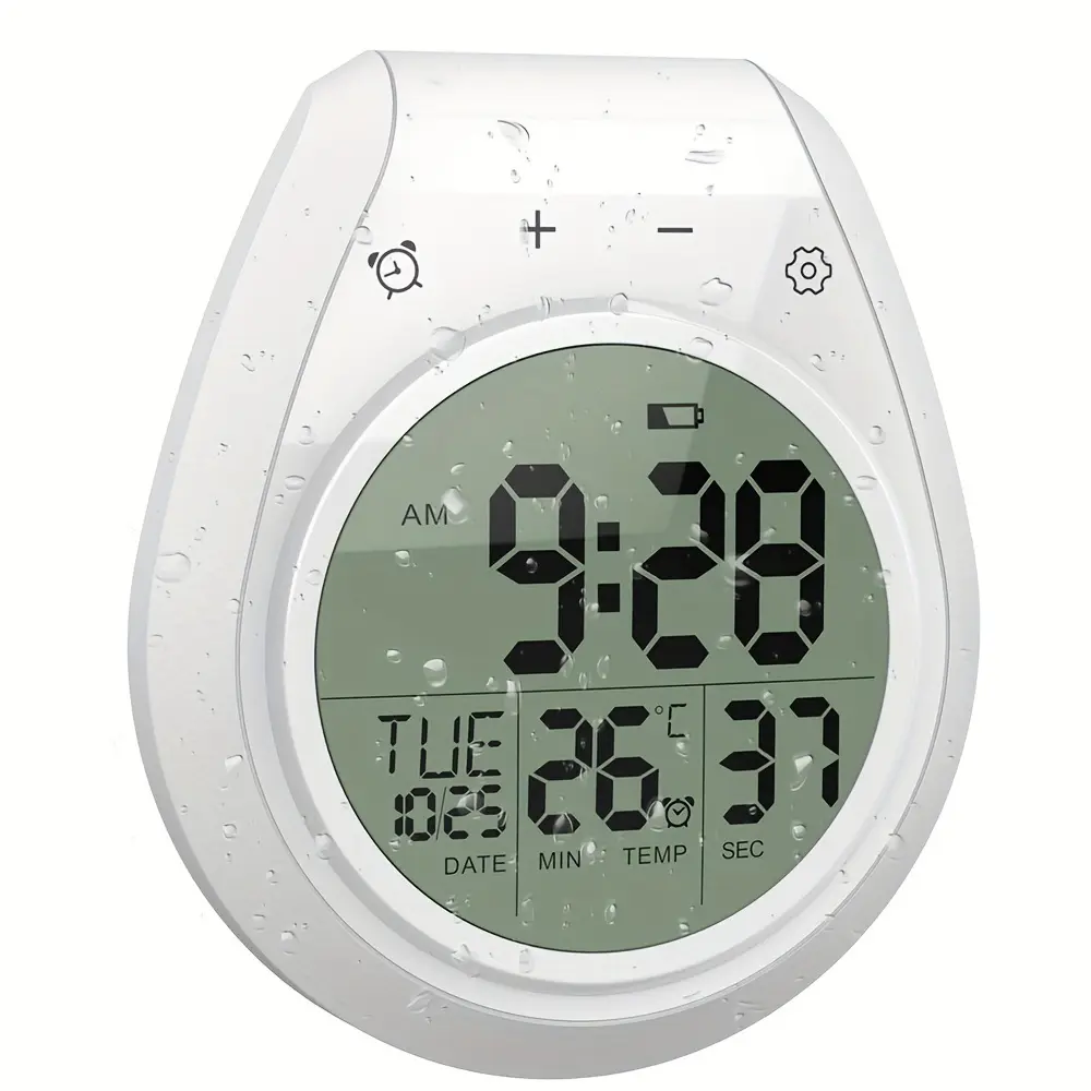 Digital Bathroom Clock with Large LCD Display, Shower Timer and Thermometer, Easy Install with Suction Cup Mount, 99-Minute Countdown Timer, Temperature Display in Celsius/Fahrenheit, 12/24-Hour Format, IP4, Ideal for Showers, Kitchen, and Home Decor