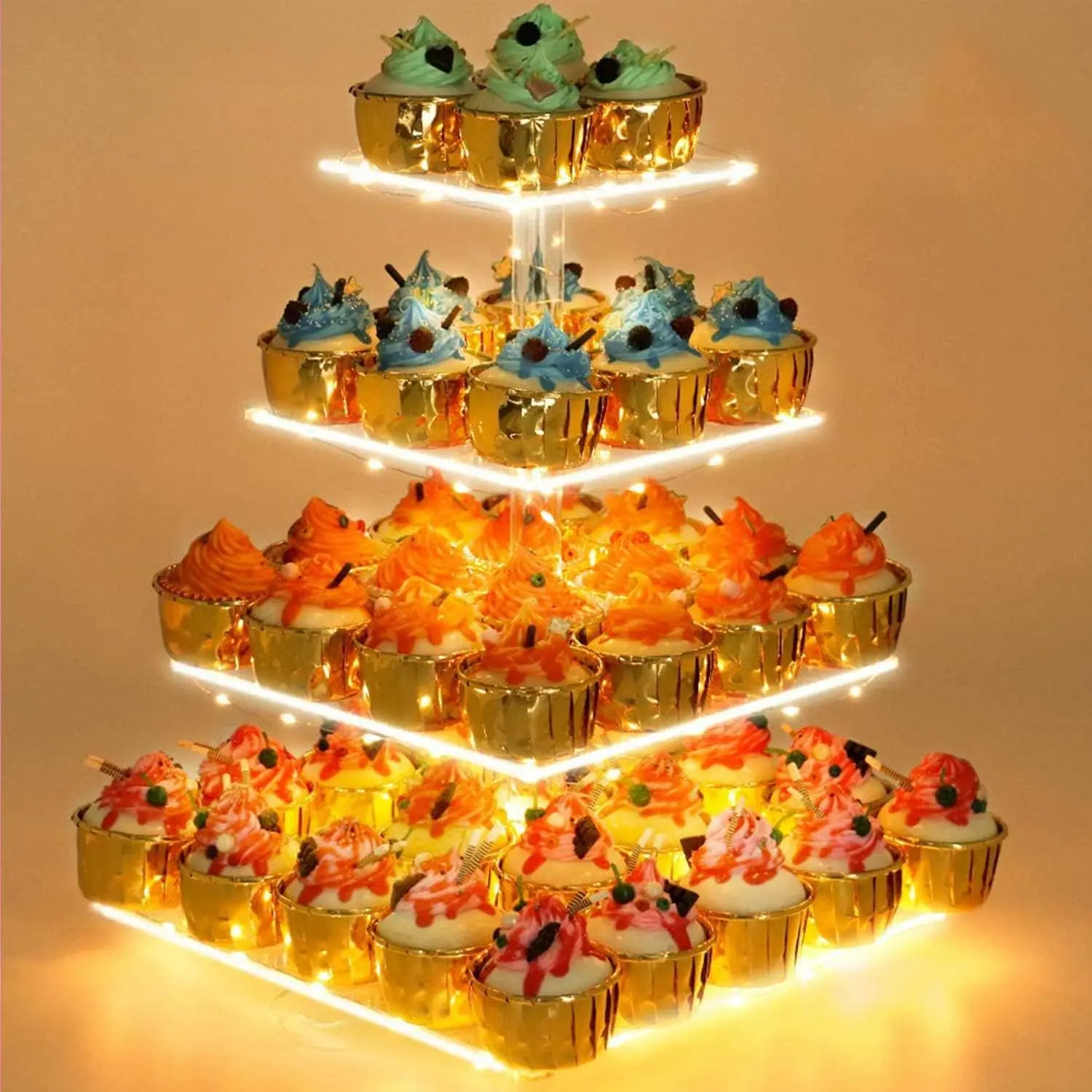 Cupcake Stand with Yellow Led Lights, 4 Tier Cupcake Stand for 50 Cupcakes, Acrylic Cupcake Tower Stand, Clear Tiered Cupcake Holder for Birthday Cady Bar Décor Weddings, Parties Events
