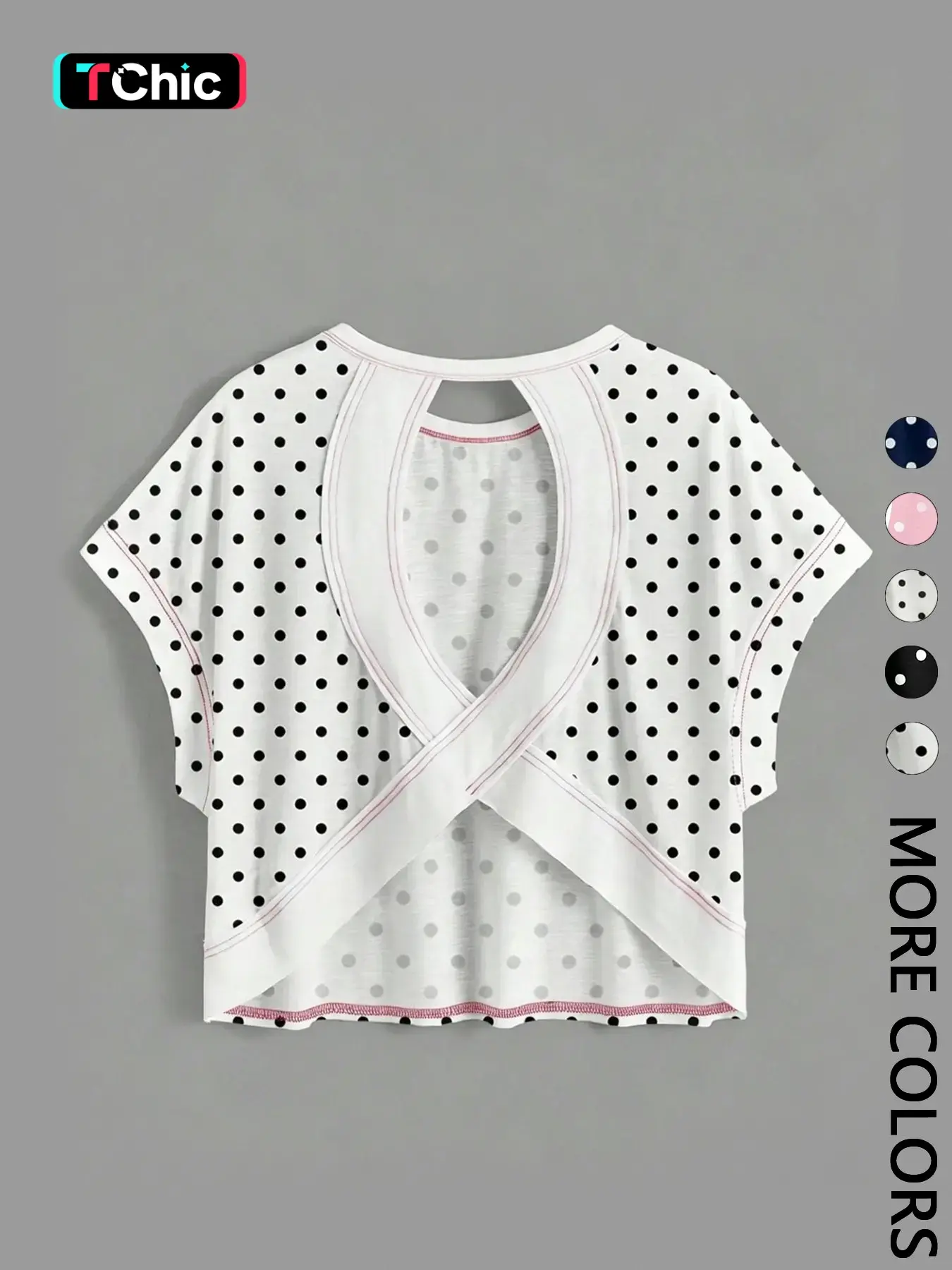 1 Women's Polka Dot Cropped T-Shirt | Back Cut Out Batwing Sleeve Top | Summer Beach Casual Streetwear | Y2K Coquette Daily Casual Outfit | Casual Stylish Tee