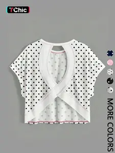 1 Women's Polka Dot Cropped T-Shirt | Back Cut Out Batwing Sleeve Top | Summer Beach Casual Streetwear | Y2K Coquette Daily Casual Outfit
