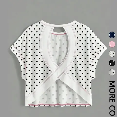 Women's Polka Dot Cropped T-Shirt | Back Cut Out Batwing Sleeve Top | Summer Beach Casual Streetwear | Y2K Coquette Daily Casual Outfit | Casual Stylish Tee | Casual Everyday Tops | Casual Tee Shirts