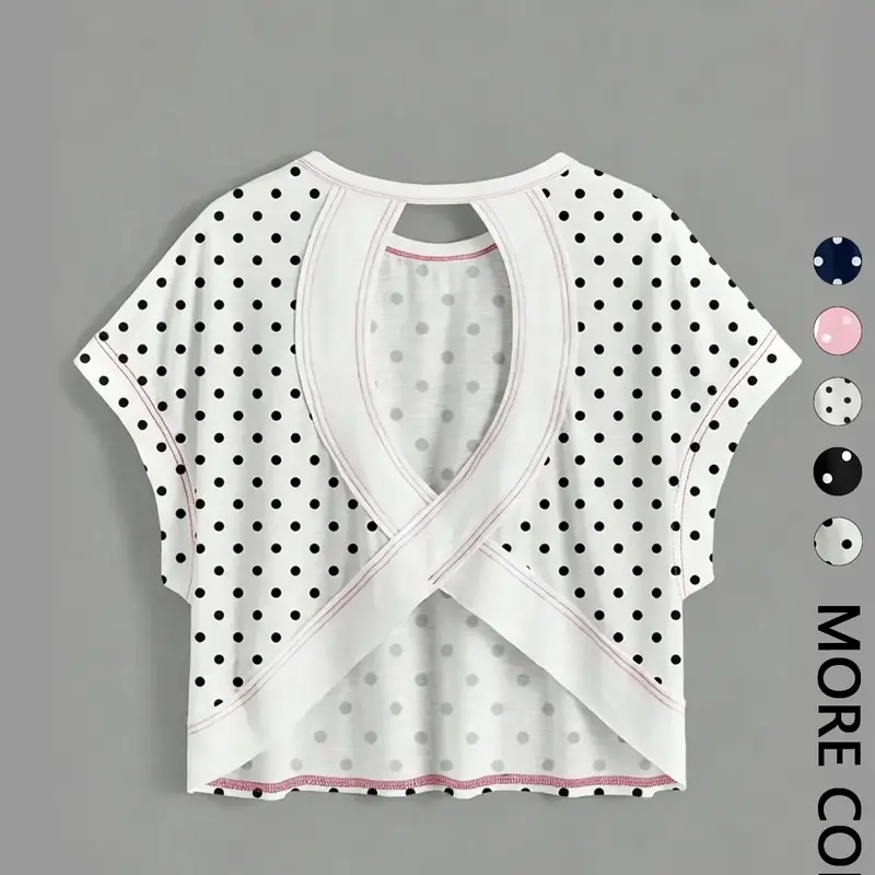 Women's Polka Dot Cropped T-Shirt | Back Cut Out Batwing Sleeve Top | Summer Beach Casual Streetwear | Y2K Coquette Daily Casual Outfit | Casual Stylish Tee | Casual Everyday Tops | Casual Tee Shirts