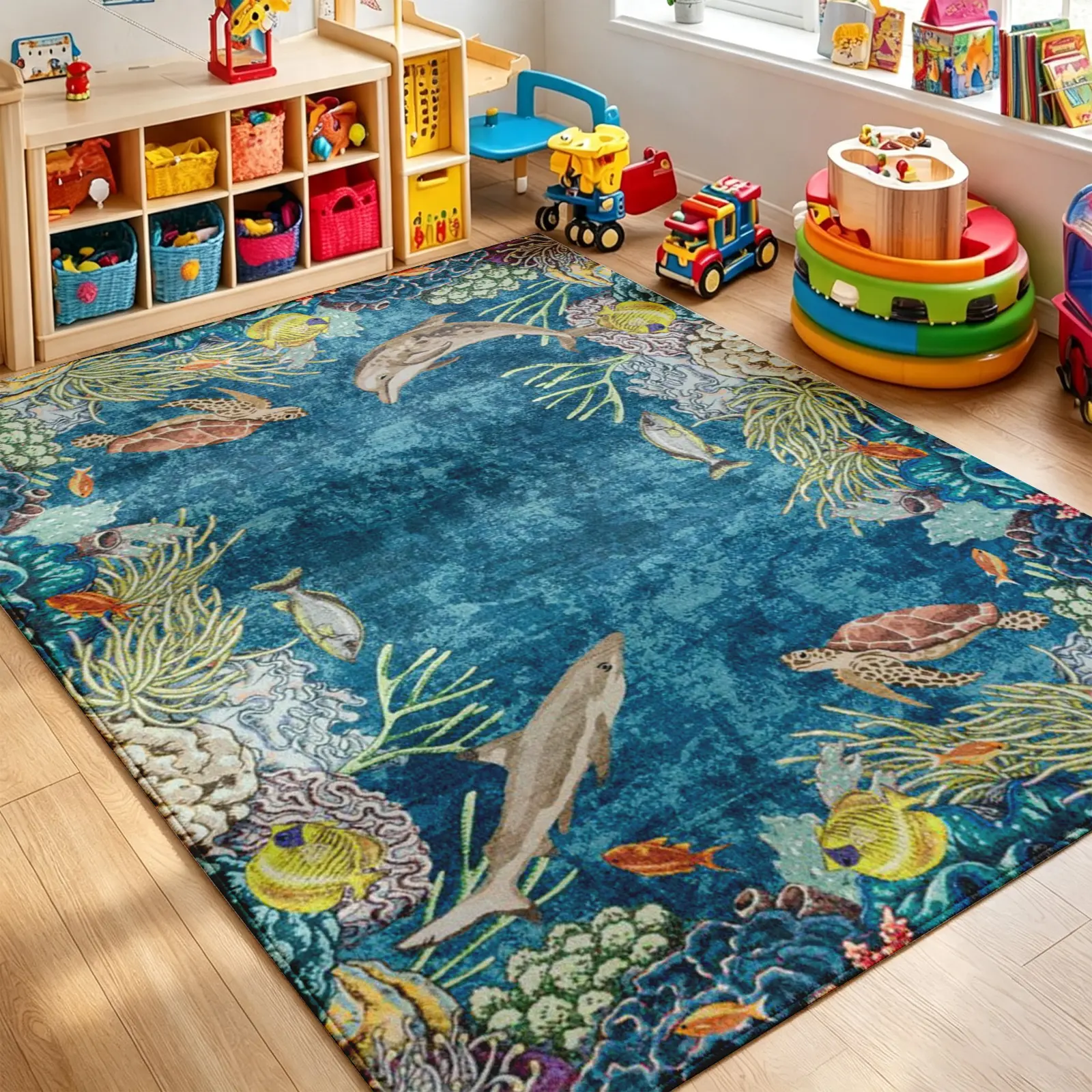 Blue Ocean Marine Life Area Rug – Soft Faux Cashmere Low Pile, TPR Non-Slip Backing, Stain-Resistant Machine Washable – Room Decor for Living Room, Bedroom, Playroom, Game Room, Cool Underwater Carpet for Boys (Various Sizes)