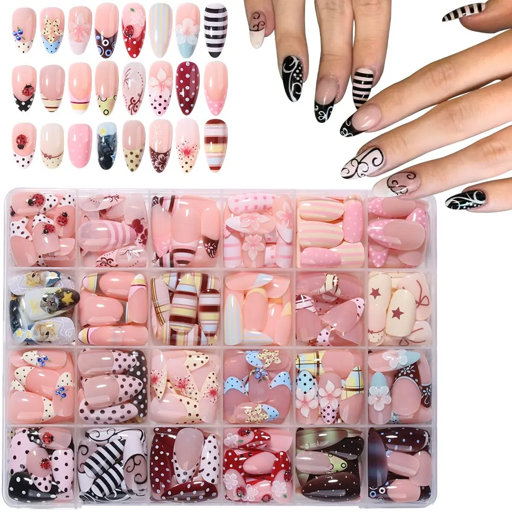 624pcs Almond Press-On Nails Set, French Style, Polka Dot, Striped, Ladybug Design, Acrylic, Summer Nail Art, 24 Mixed Styles, Nail Designs