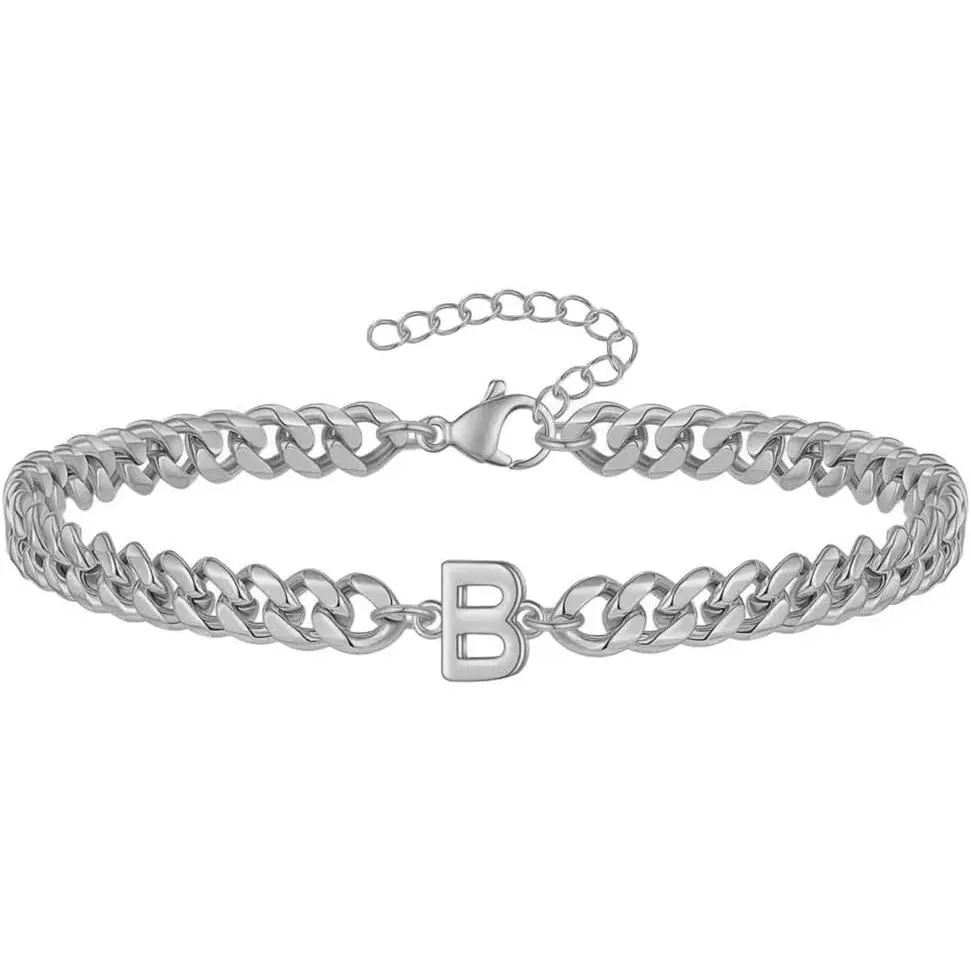 Unisex Cuban Link Initial Charm Cuff Bracelet - Stainless Steel, Silver/Gold Plated, A-Z Capital Monogram, Simple Dainty Personalized Jewelry, Ideal Personal Gift, Unisex Wear