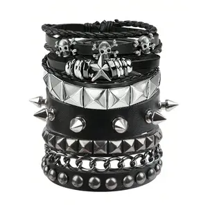 Y2K Punk Bracelet Set, 5PCS PU Leather Studded Rivet Wristbands, Gothic Grunge Stackable Cuff Bracelets, Adjustable Spiked Jewelry for Concert, Festival, Cosplay, Streetwear Party Outfit