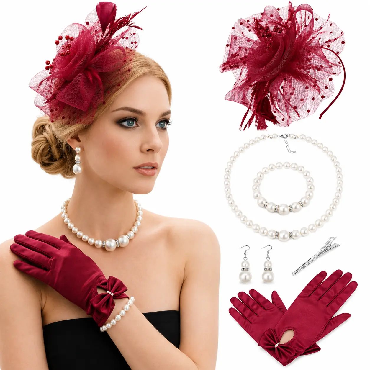 5PCS Burgundy Fascinator Costume Accessories Set, Feather Headband, Satin Gloves, Pearl Necklace, Earrings and Bracelet for Wedding Party