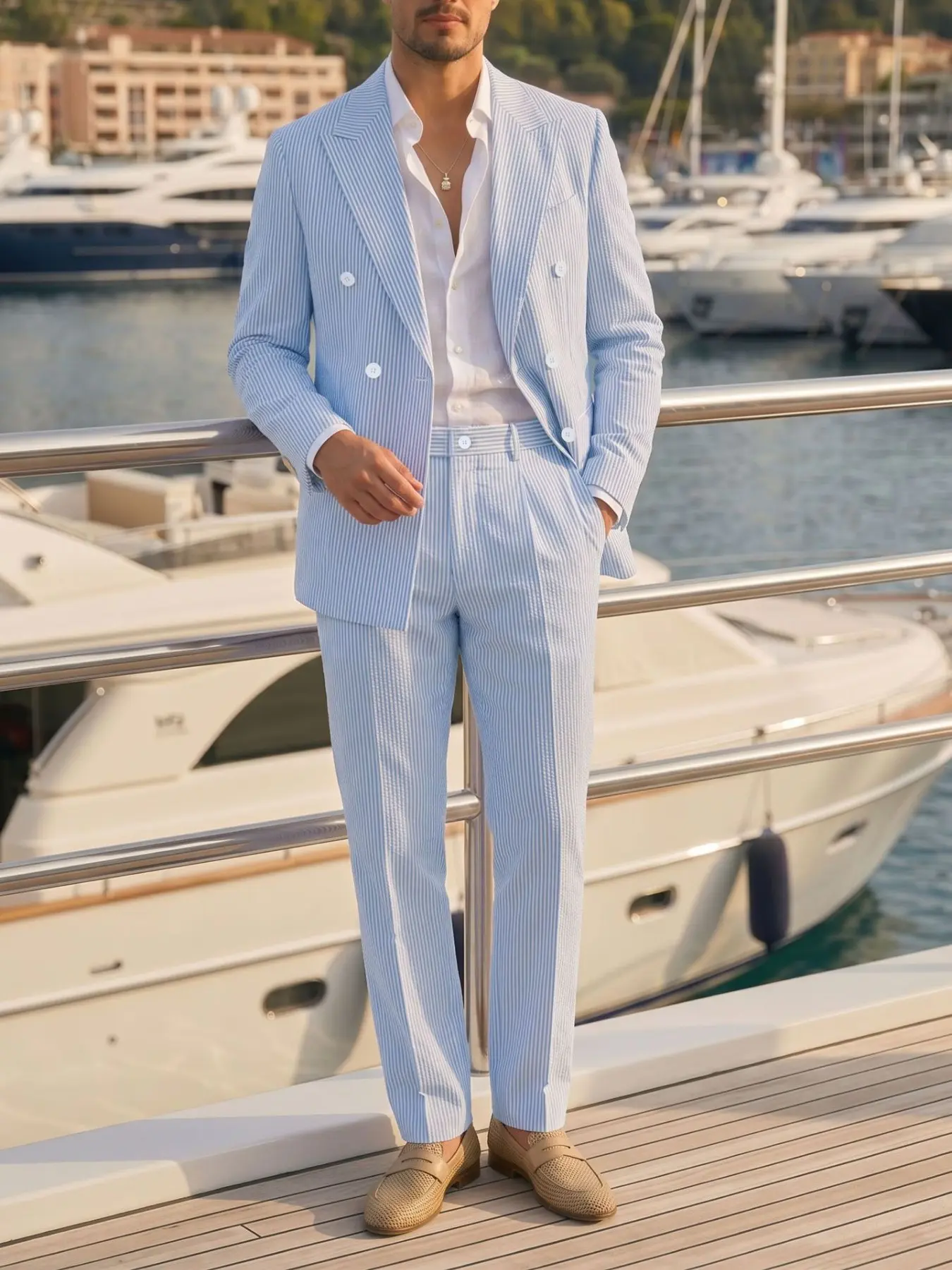 Men's Light Blue Striped Blazer Set, Two-Piece Suit with Pants, Breathable Summer Wear, Classic Vertical Stripe Design, Casual Formal