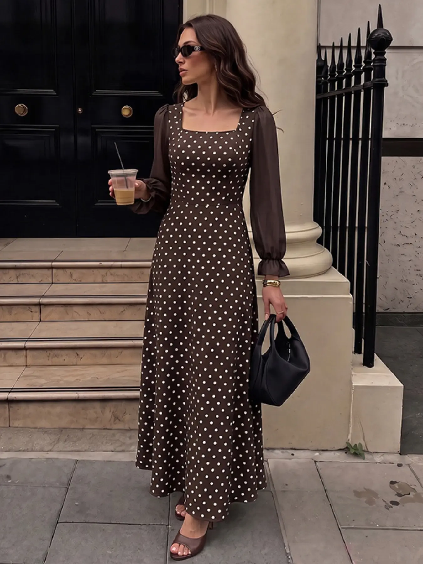 Women's Spring Fall French Polka Dot Long Dress, Square Neck Patchwork Long Sleeve Slim Fitting Dress, Elegant Casual Wear, Frenchy Style Dress