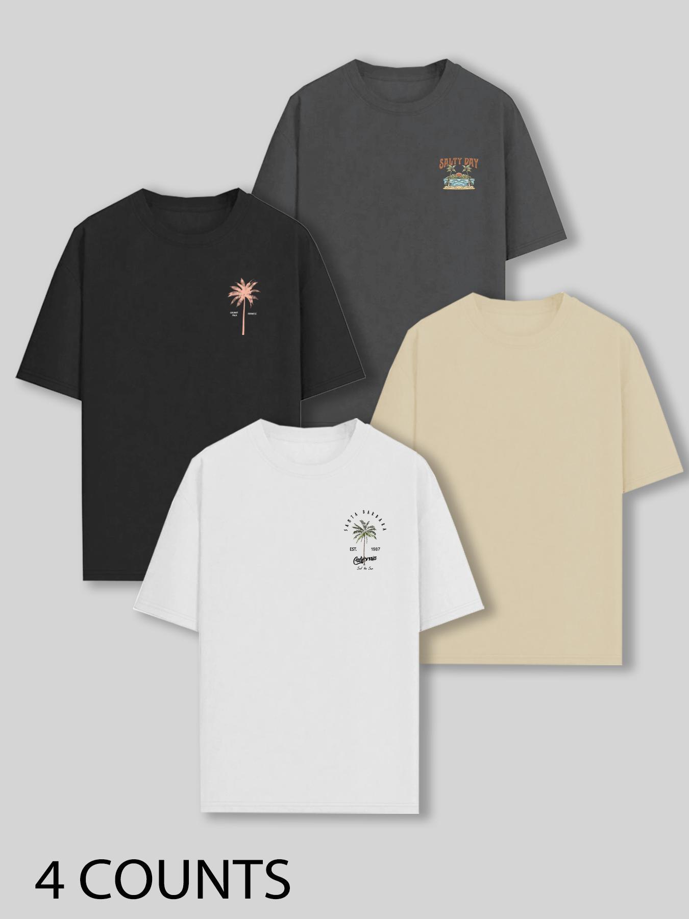 Men's Palm Tree & Letter Print Short Sleeve Graphic Tee, Regular Fit Casual Street Round Neck T-shirt for Summer, Men's Top for Daily Wear