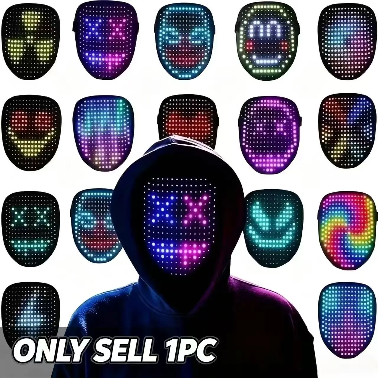Light-up mask with gesture sensing, LED mask with face-changing function, Halloween mask, Mask Cosplay, featuring multiple dynamic and static images that can be switched at will, with a fashion model demonstrating for parties
