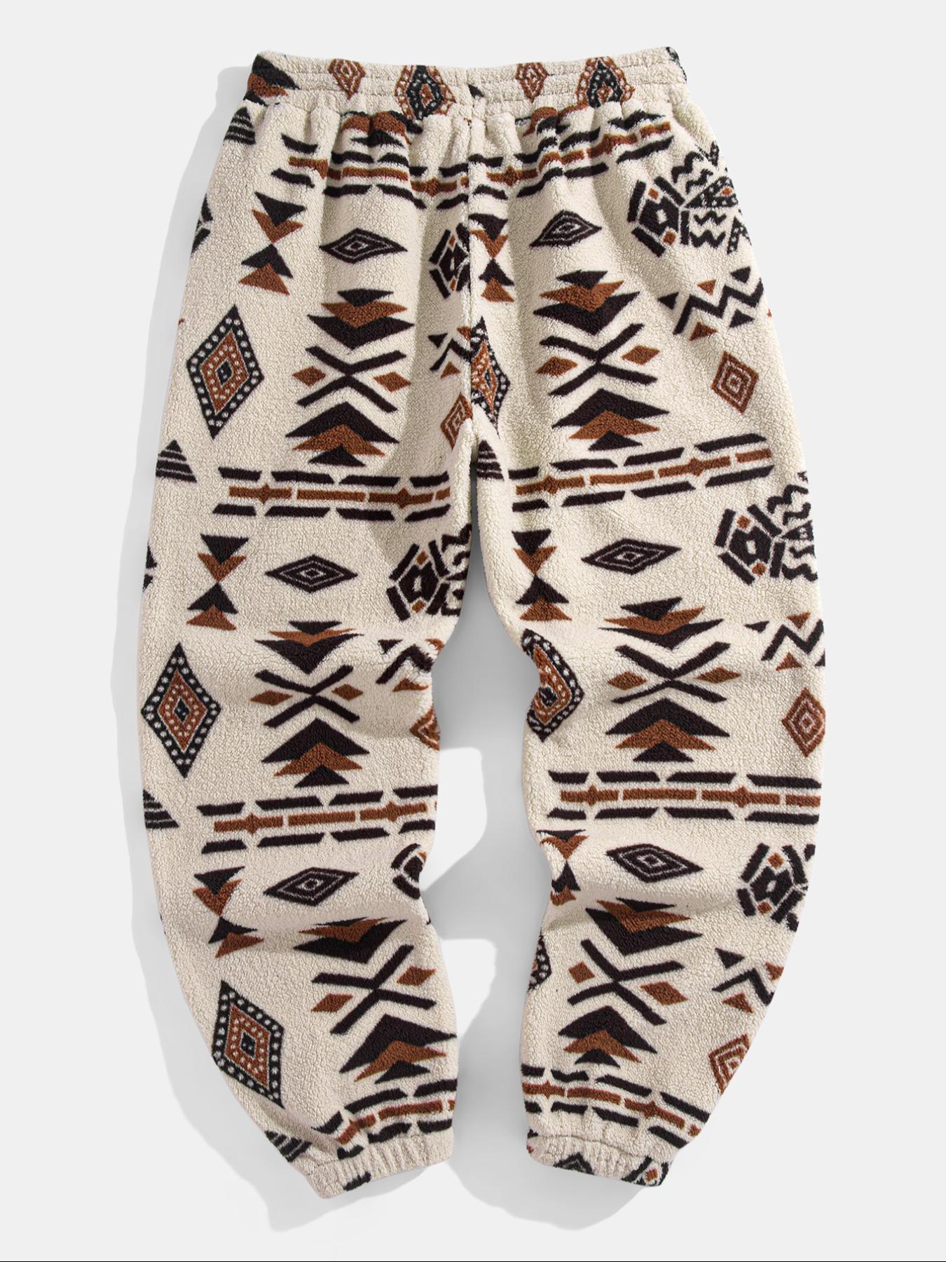 Men's Random Ethnic Pattern Drawstring Waist Thermal Pants, Loose Casual Pocket Design Bohemian Street Trousers for Fall & Winter, Men's Bottoms for Daily Wear