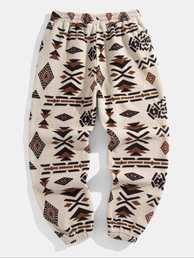 Men's Random Ethnic Pattern Drawstring Waist Thermal Pants, Loose Casual Pocket Design Bohemian Street Trousers for Fall & Winter, Men's Bottoms for Daily Wear