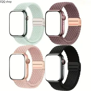 Viral Aesthetic Magnetic Nylon Braided Smart Watch Band 4-Pack, Elastic Sport Loop Wristbands for Apple Watch Ultra SE Series 1-10, Comfy Stretch Fit, Sweat-Resistant, Adjustable Quick Buckle, Everyday Gym