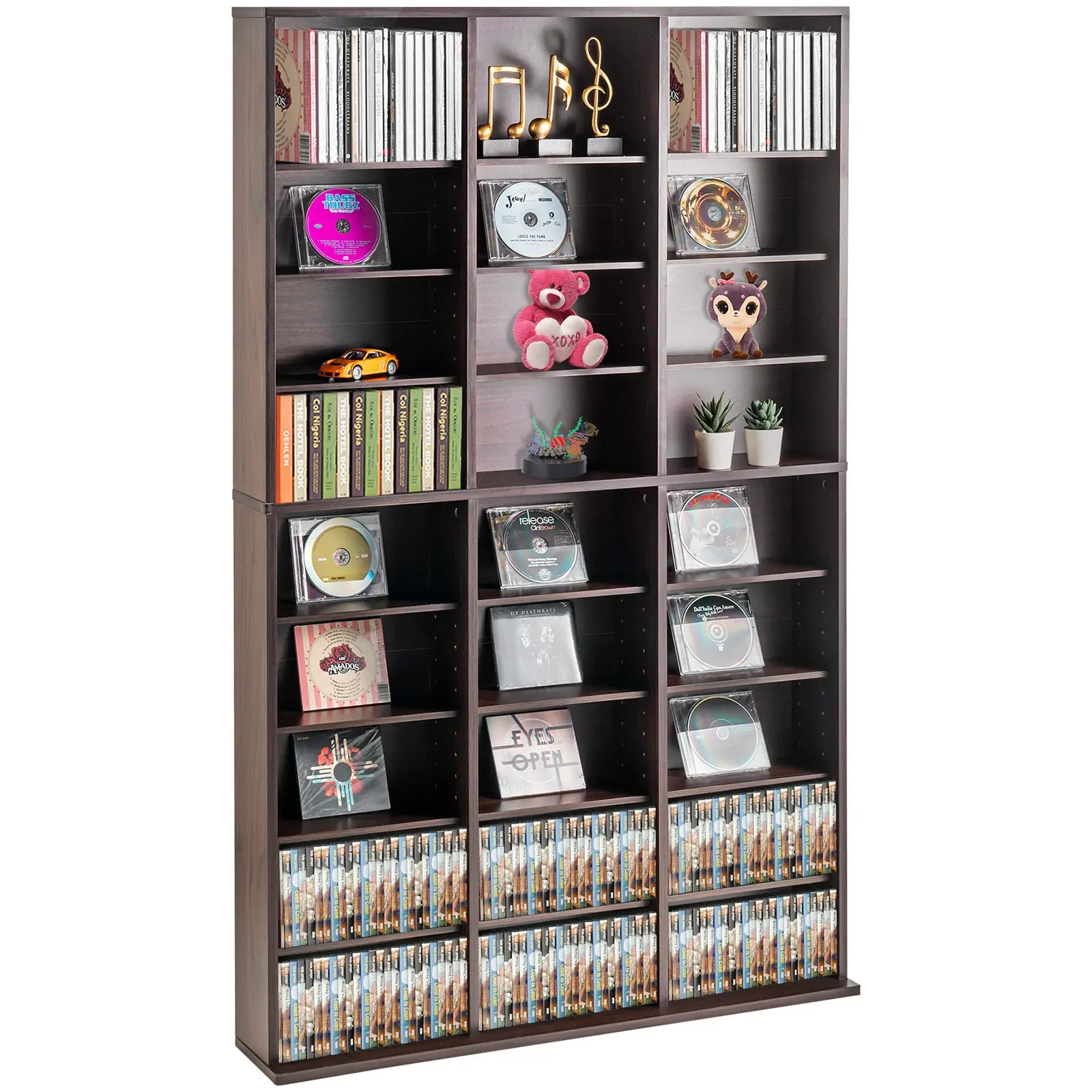 VEVOR Media Storage Cabinet, 9-layer DVD Shelf Holds up to 756 CDs, Adjustable CD Shelves 27 Compartments, Protects Organizes Music, Movie, Video Games or Memorabilia Collections, Espresso