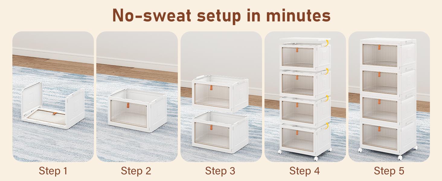 4 Tier Stackable Plastic Storage Bins with Lid and Wheels - 23 QT Closet Organizers and Storage, Foldable Storage Containers, Organization and Storage Boxes for Craft, Home, Pantry, Dorm, Grey