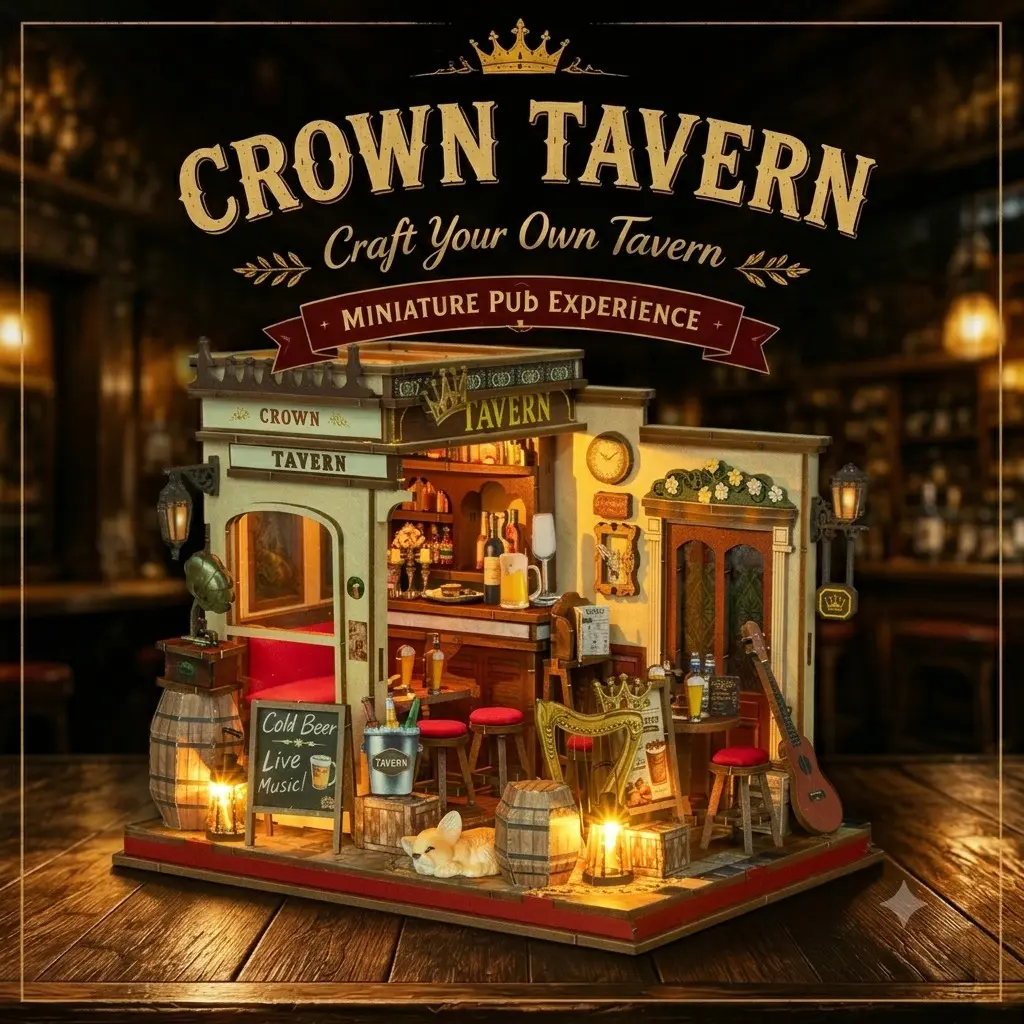 Crown Tavern 3D Book Nook Miniature House Kit, Wooden Bookshelf Insert Diorama, Vintage Pub Desk Decor & Ornament, Home Decor