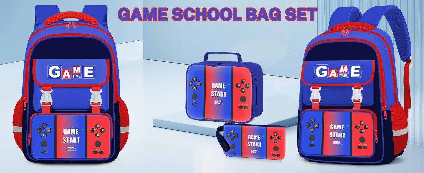 School Backpacks for Boys - 3PCS Gamer Boys Backpack with Lunch Box Set for Kids Teens, Multifunctional Bookbag for Elementary Middle School Students, 17″ Video Game Travel Bag Ages 6-18