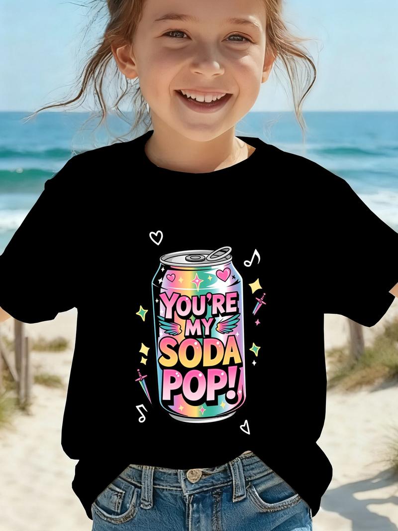 Girls' "YOU RE MY SODA POP" K-pop T-Shirt - Cute Soda Can Top with Round Neck, Short Sleeve Spring Summer Casual Wear Suitable for K-pop Fans & Everyday Outfits
