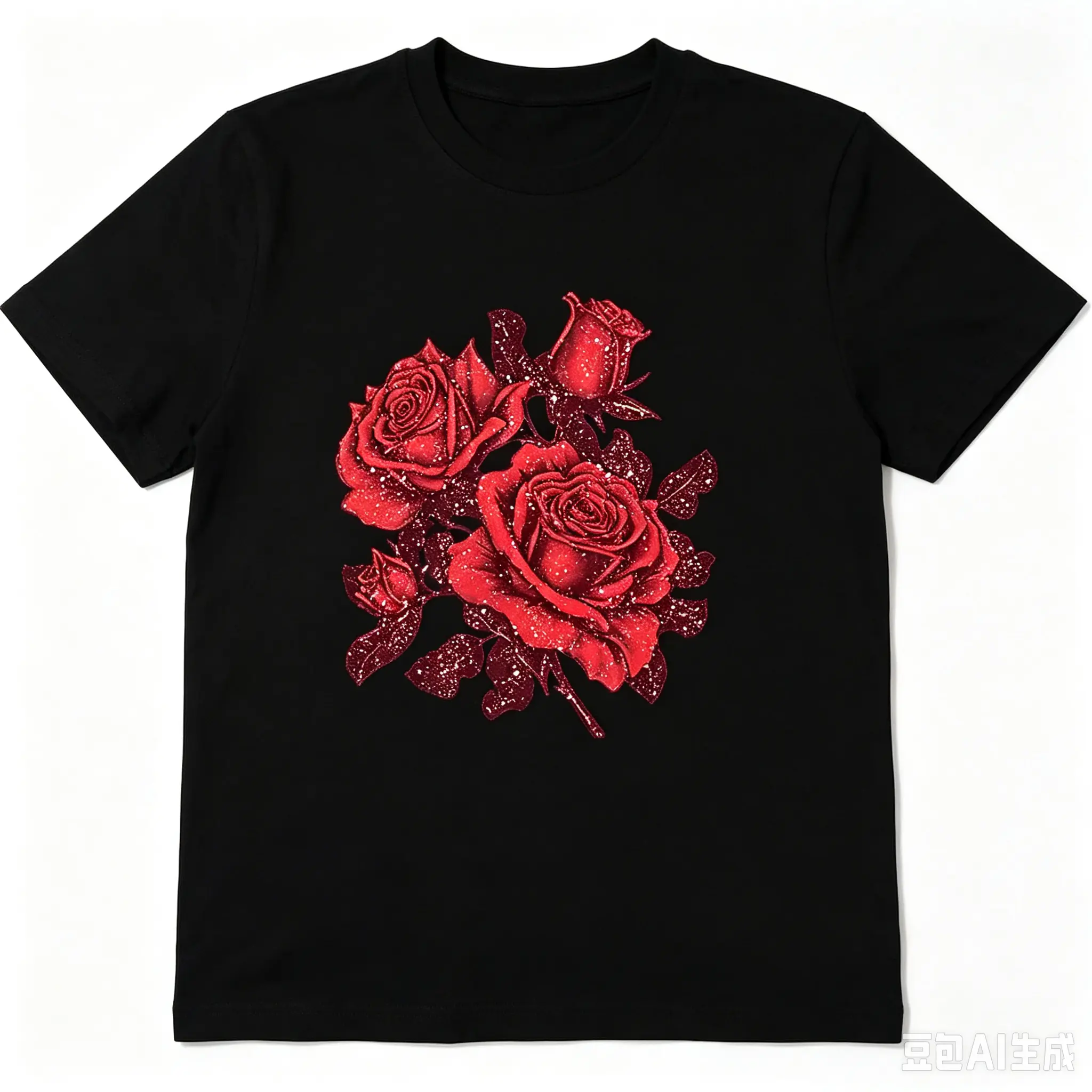 Sparkle Red Rose Flower Graphic Oversized Comfort Cotton T‑Shirt, Cute Fashion Romantic Floral Outfit, Perfect Valentine’s Day Holiday Gift for Him Her, Great Present for Family Friends Lover