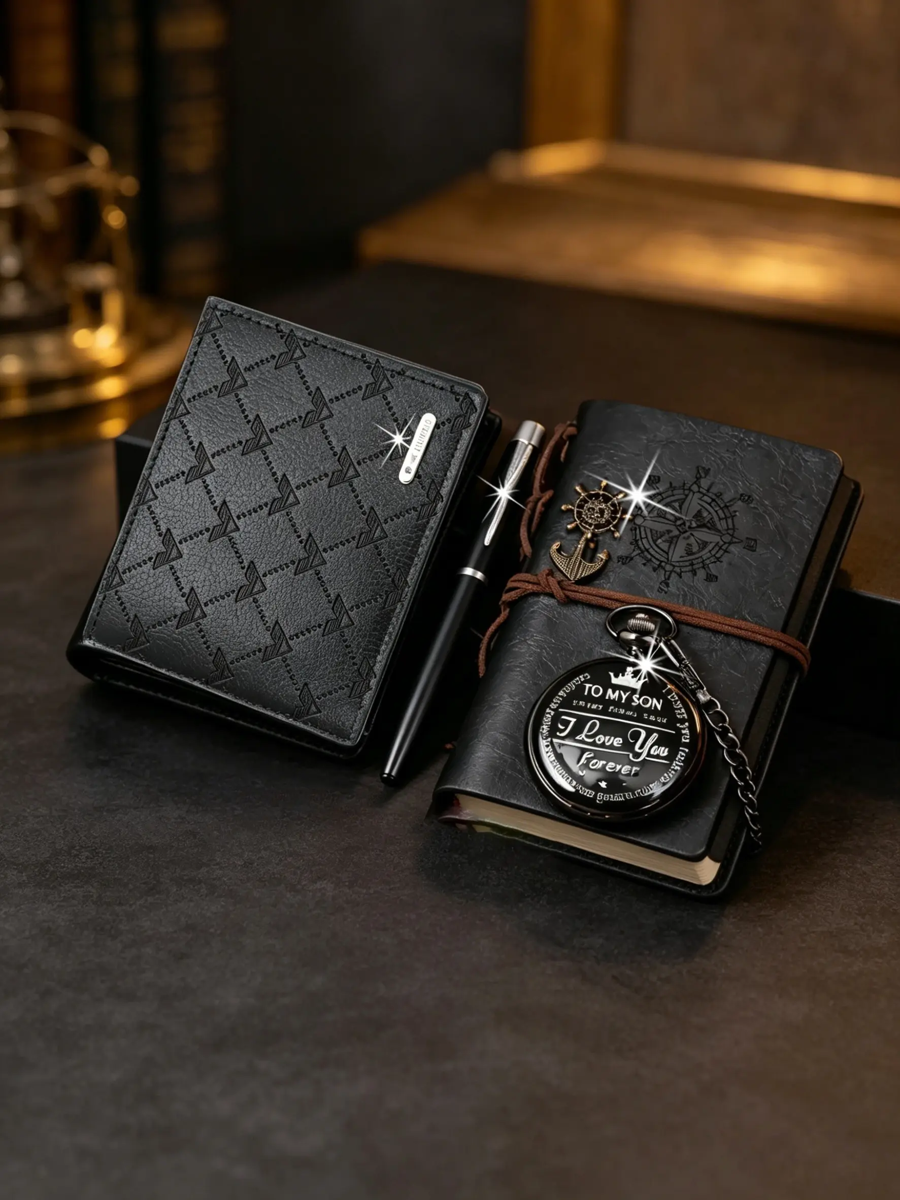 Men's Classic Watch Set 4pcs, Round Analog Face, Quartz Movement, Wallet, Notebook, Pen, Gift Ready, Perfect Gift for Father's Day, Thanksgiving, Christmas, Birthday