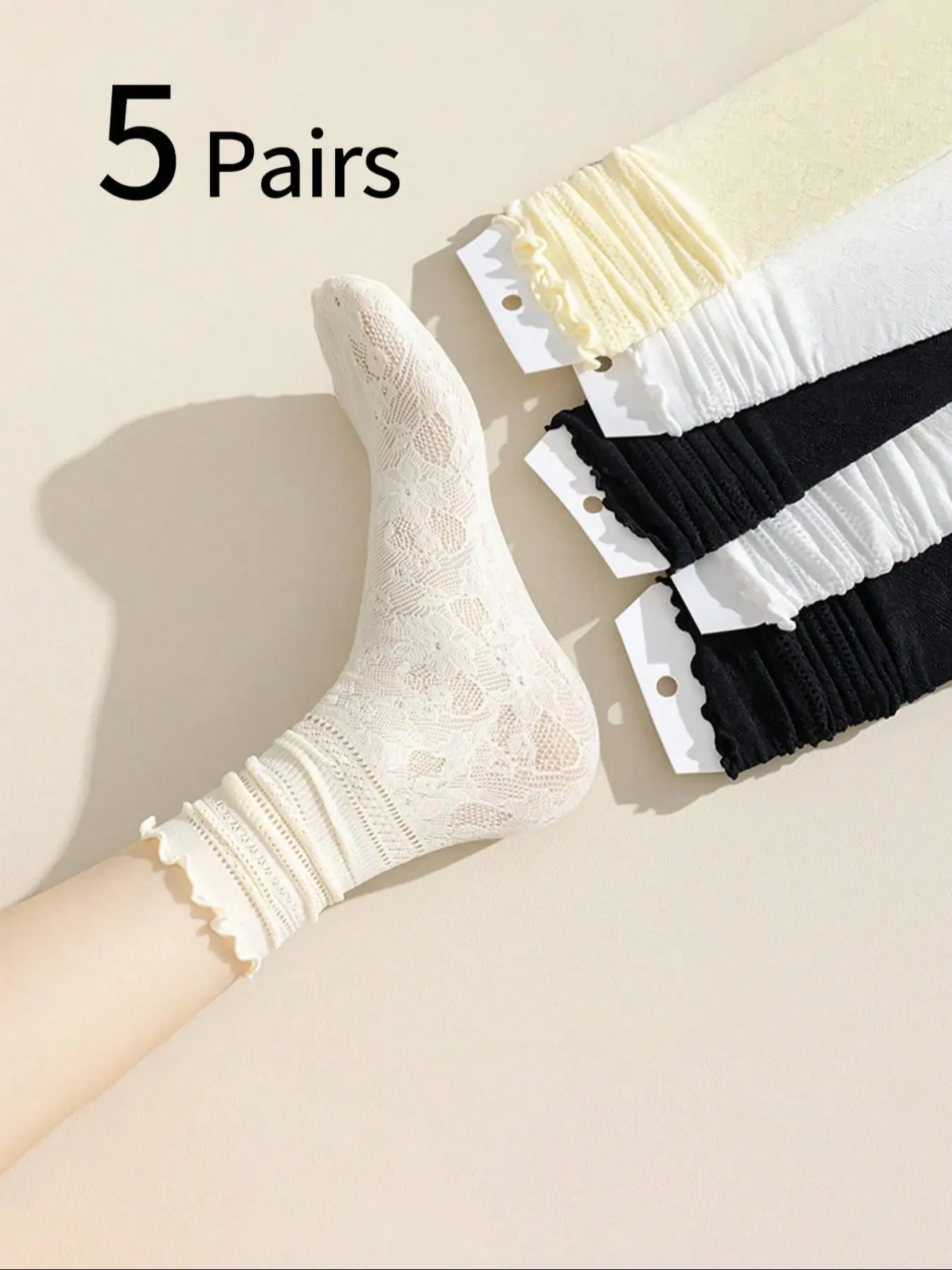 5 Pairs Women's Summer Lightweight Mesh Socks, Girl Miu Style Ballet Ankle Socks, Hollow Out Design, Plain Mid-Calf, Comfortable & Soft