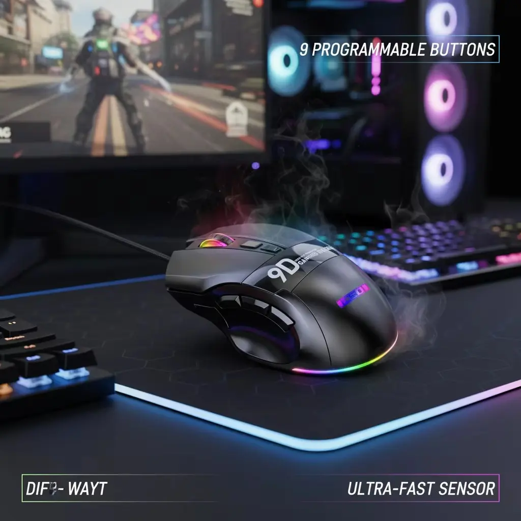 Programmable Gaming Wired Mouse 7200DPI Adjustable With Macro Multi-Buttons 9Keys RGB Backlit Ergonomic Design Optical Gaming Mouse For PC Computer Laptop Tablet For Gamer E-Sports/Gaming/Programming