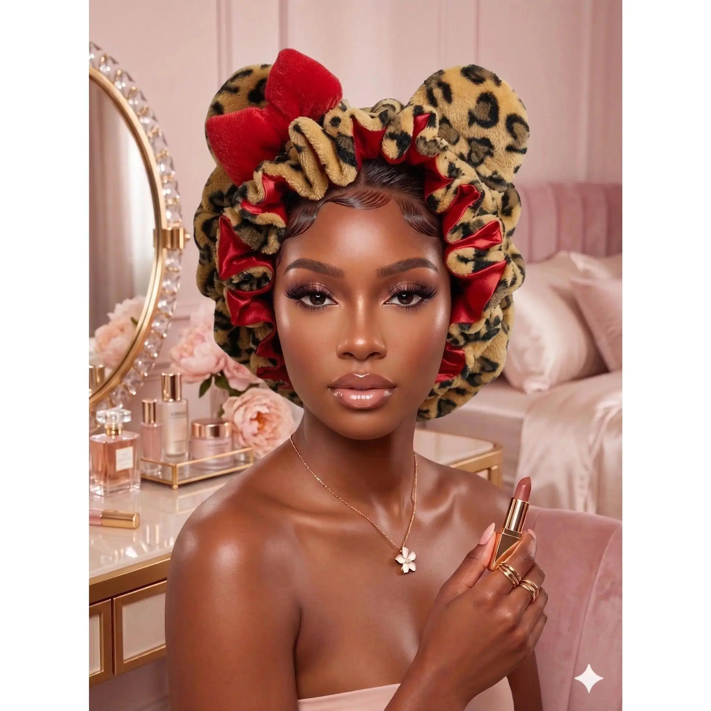 Women's Premium Plush Leopard Satin Bonnet for Sleeping – Double Layer Curly Hair Nightcap with Comfort-Fit Elastic Band & Animal Ears, Haircare, Beauty Products, Hydrating, Gifts For Adulting Women