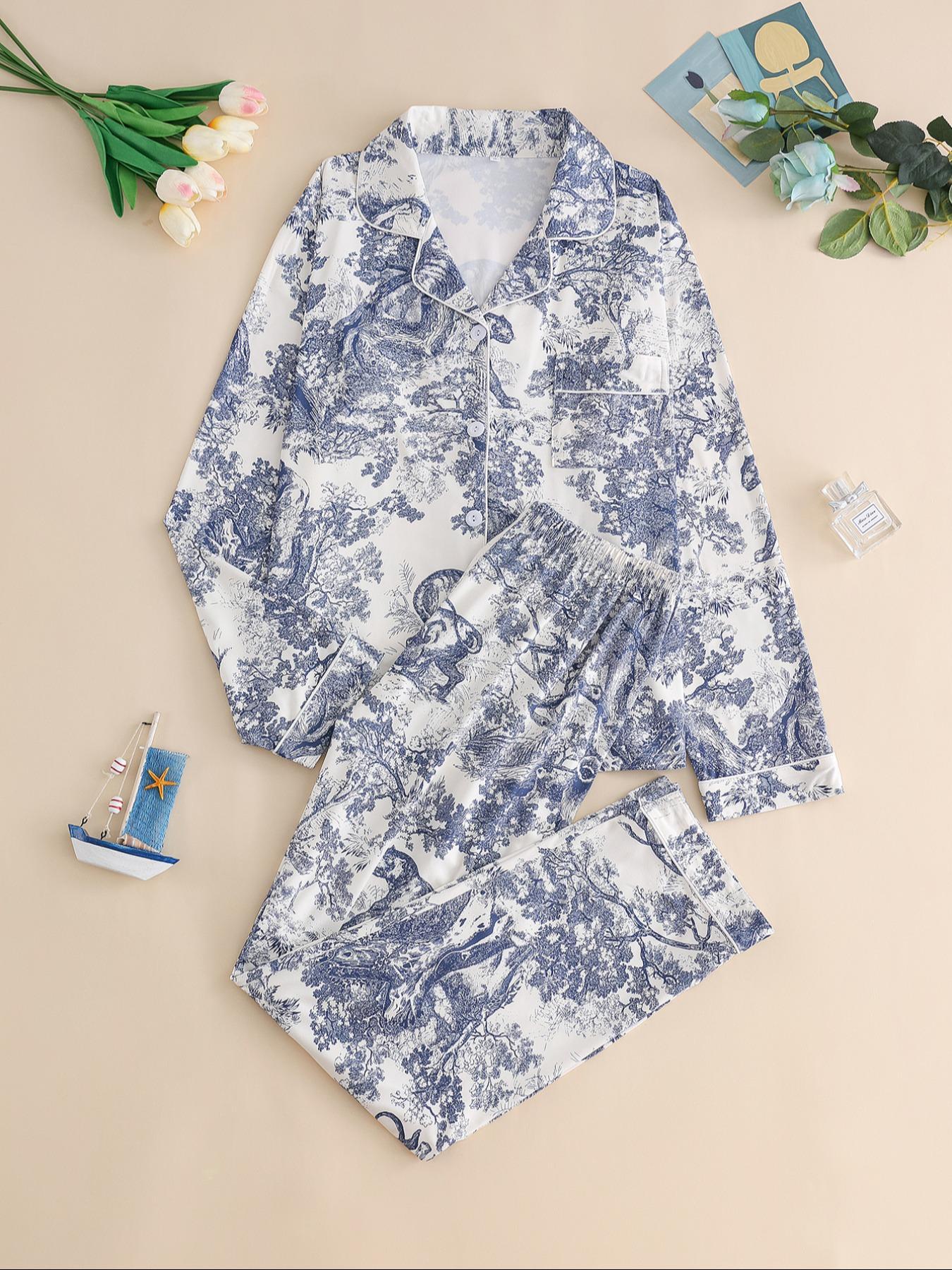 Women's 2-Piece All Over Print Button Front Pocket Lapel Shirt & Elastic Waist Pants Pyjama Set, Casual Comfy Long Sleeve Top & Trousers Matching Pj Set, Women's Sleepwear for Spring & Fall