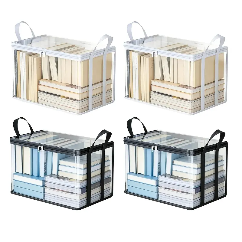 4pcs Heavy Duty Transparent Book Storage Boxes - A Must-Have for Classrooms, Homes, And Old Book Organizers. Transparent, Foldable Book Bags for Student Desktops