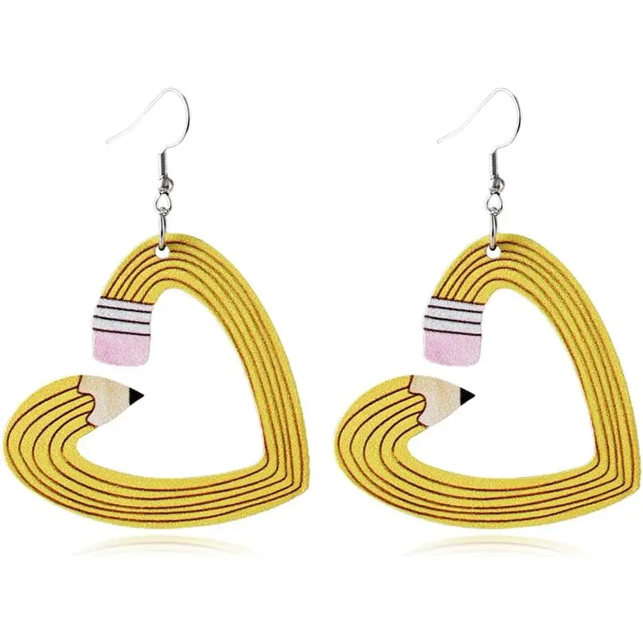 Personality Wooden Pencil Books Dangle Drop Earrings Double Sided Wooden Teacher Student Earrings for Women Teachers Appreciation Day Gifts Graduation