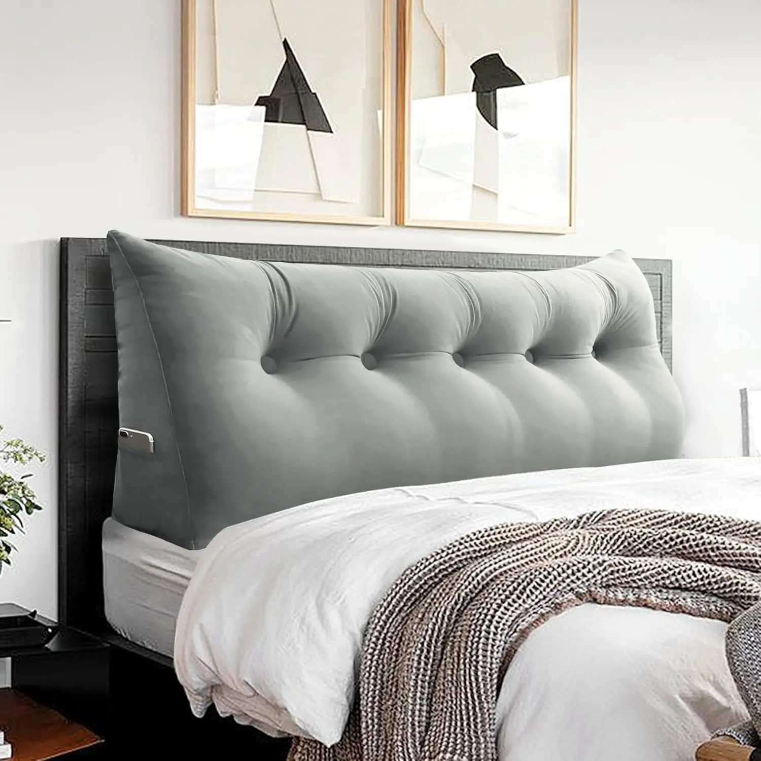 Headboard Wedge Pillow Large Bolster Triangle Reading Pillow Queen Size Bed Rest Back Support Pillow for Sitting up in Bed Daybed Couch Backrest Cushion Velvet Gray