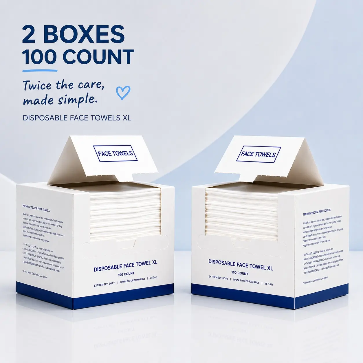 Two Boxes 100 Pieces Super Soft Biodegradable Disposable Face Towels, Ideal for Oily Acne Skin, Gentle for Seniors and Kids