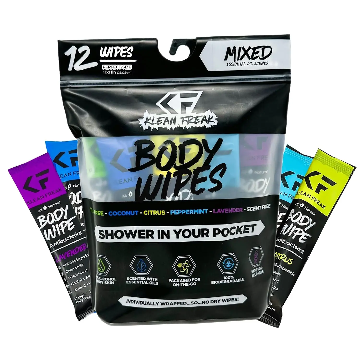 Body Wipes - 12 count Individually Wrapped Showerless Body Wipe for Women & Men Sustainable Bodywipes for Gym Travel Camping